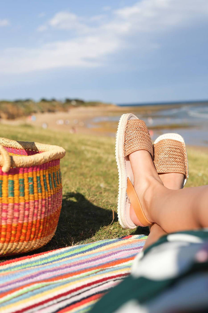 At the beach with espadrille braided caramel