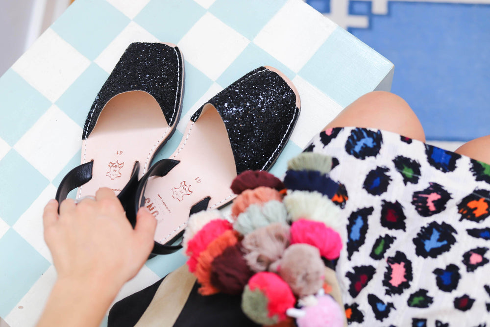 
            
                Load image into Gallery viewer, Flatlay view of the Glitter Black sandals
            
        